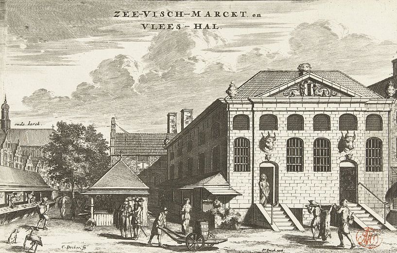 Coenraet Decker, View of the fish market and the Meat Hall in Delft, 1678 - 1703 by Atelier Liesjes