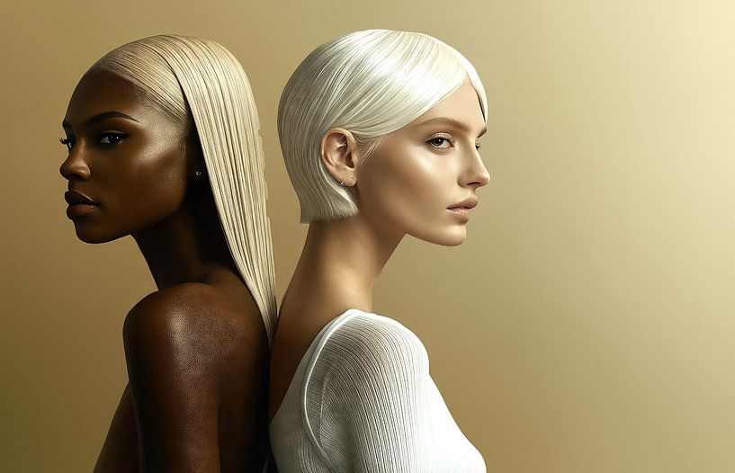 Models with platinum blonde hair against a golden background by Frank Heinz