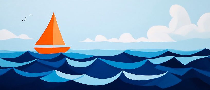 Orange sailing boat on a blue sea by Poster Art Shop