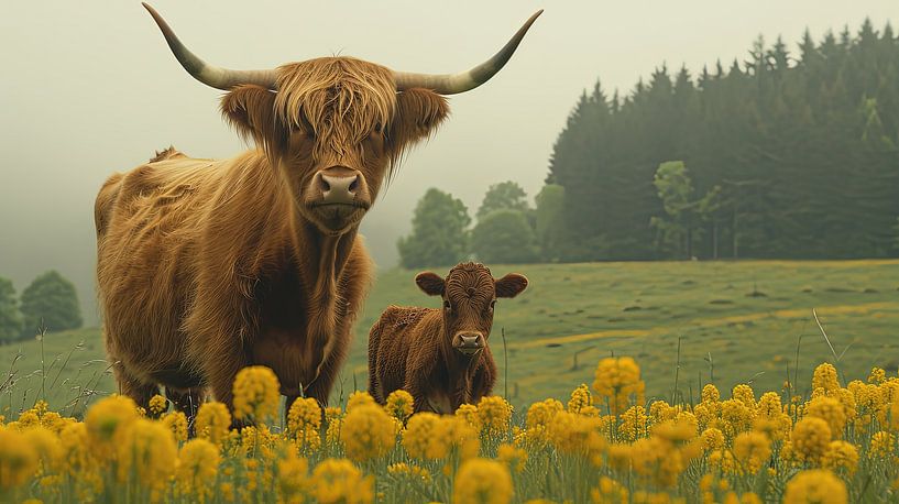 Les Highlanders écossais : parmi les boutons d'or par ByNoukk