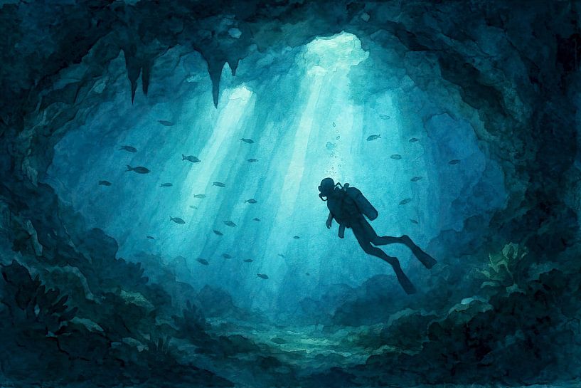 Scuba diver in underwater cave (AI) (cave, adventure, mysterious, fishing, sport, painting) by Natalie Bruns