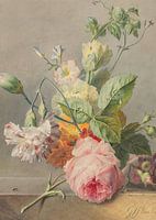 Nature morte aux fleurs drapées de rosée et aux fourmis