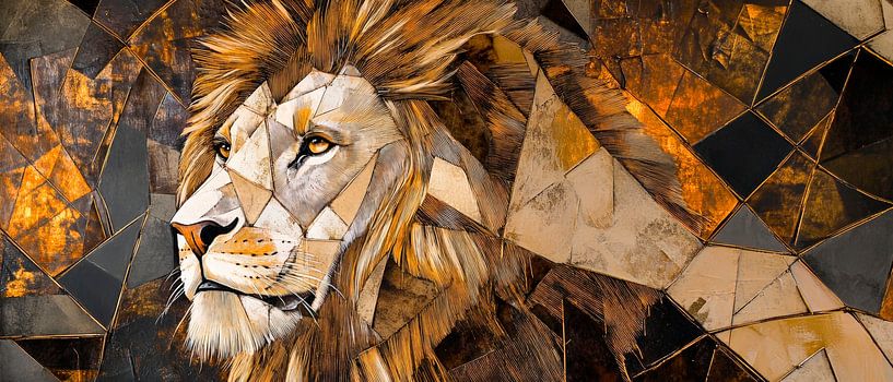 Lion in geometrischen Goldtönen – Kunstwerk von Poster Art Shop