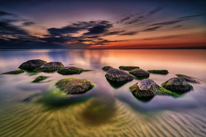 Stones on the shore in the clear Baltic Sea water in the evening by Stefan Dinse
