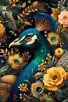 digital collage of majestic peacock among coloured flowers and plants