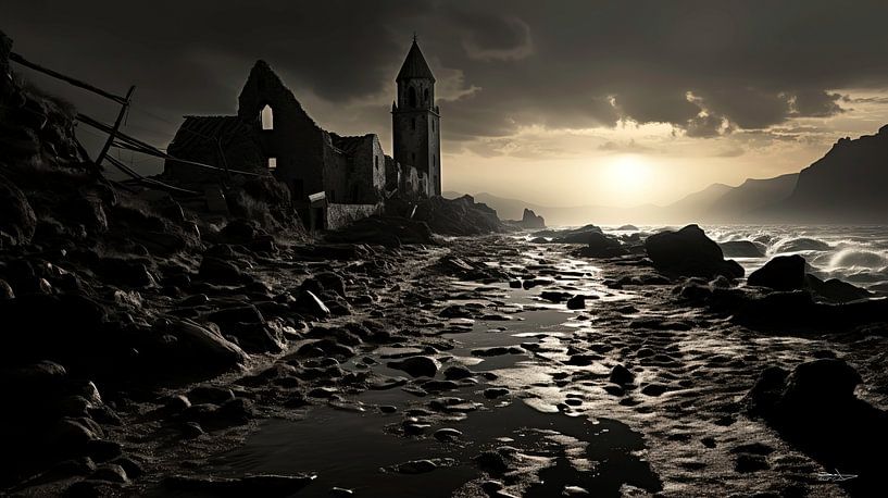 old building in black and white with dramatic light by Gelissen Artworks