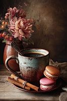 Romantisches Herbststillleben mit Kaffee, Macarons und warmen Farbtönen