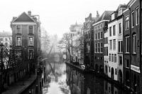 Oudegracht in Utrecht and the Gaardbrug as seen from the Maartensbrug in black and white