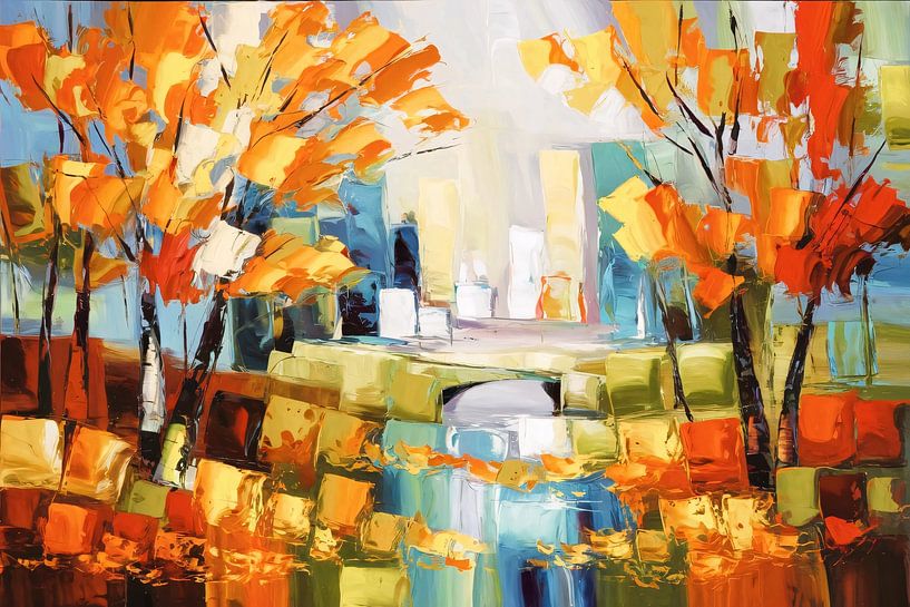 Abstrakte Herbstlandschaft mit Brücke von Art & Soul Creations