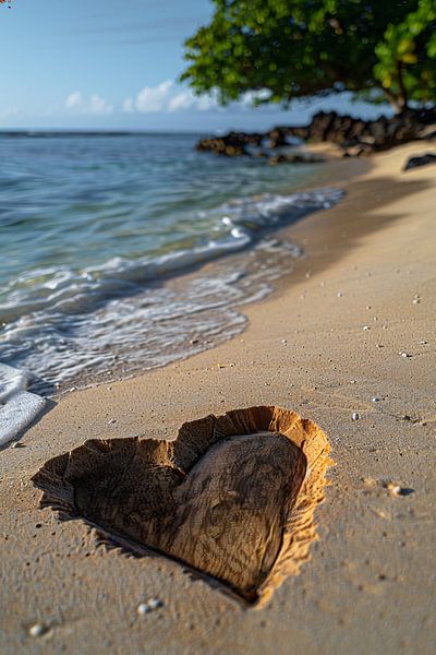 Hölzernes Herz am verlassenen Strand von Art & Soul Creations