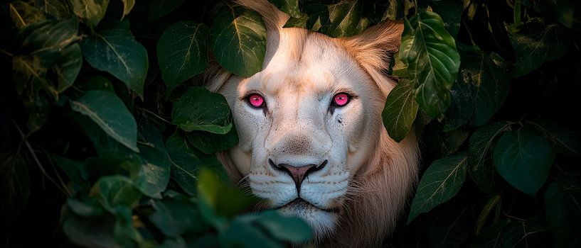 White lion in a thicket of leaves - Fascination by Poster Art Shop