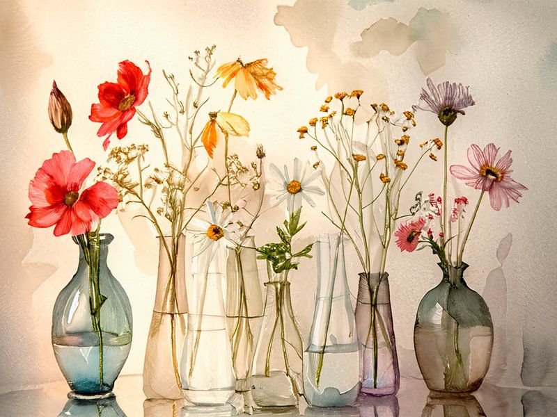 Peinture élégante : rangée de vases avec des fleurs des champs par Studio Pieternel