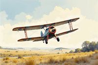 Oldtimer-Doppeldecker im Tiefflug über ländlicher Landschaft