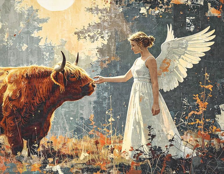 Angel seeks contact with Scottish highlander bull by Emiel de Lange