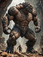 Riesiger Tiermensch konfrontiert Mensch in felsigem Terrain