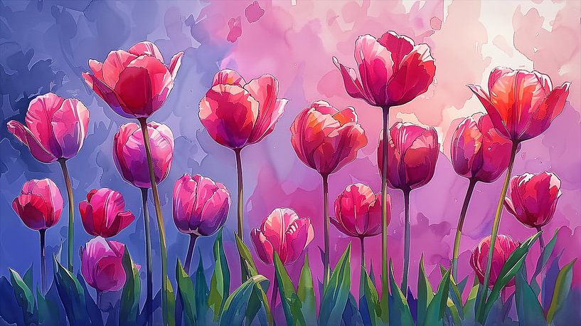Red Tulips in a row. by Harry Stok