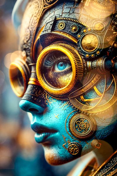 Portrait expressionniste Steampunk en or et bleu par Arjen Roos