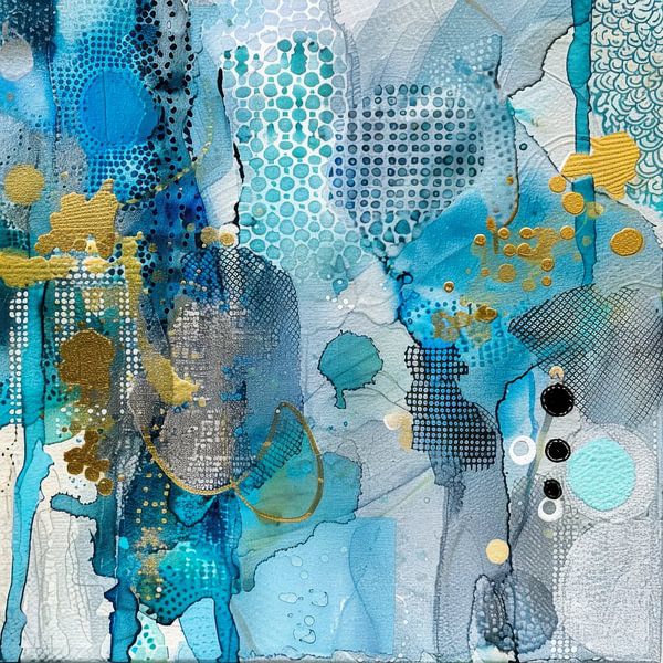 Abstrakt, Malerei, Blau, Weiß und Gold - Mystische Harmonie von Joriali Abstrakte Kunst