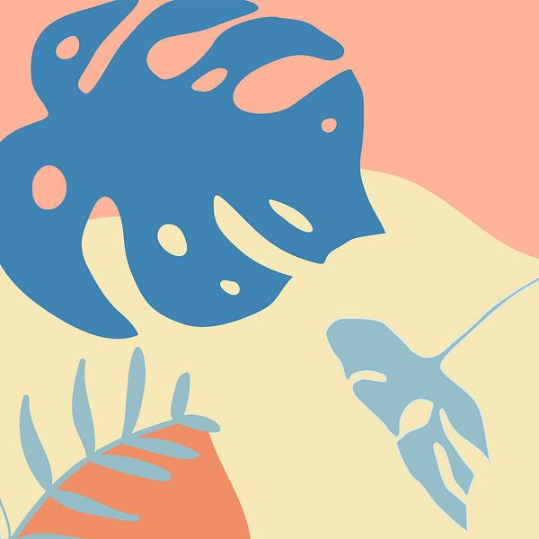 L&#039;été. Feuilles botaniques tropicales abstraites en terre cuite, bleu et jaune n° 10 par Dina Dankers