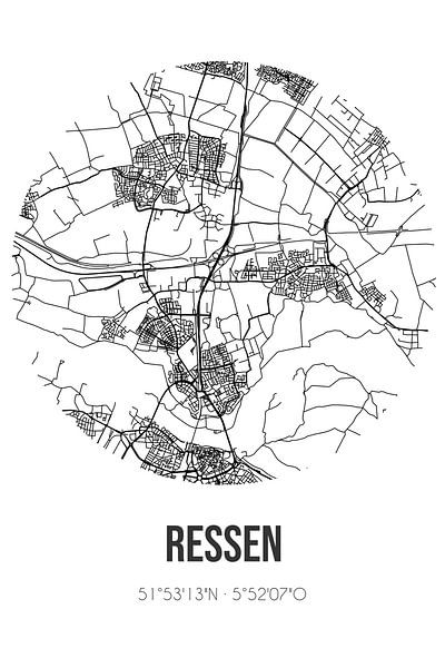 Ressen (Gelderland) | Karte | Schwarz und weiß von Ortsdrucke