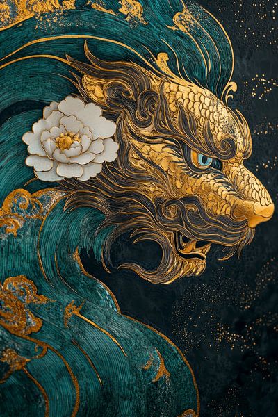 Gold dragon head with white flower in turquoise waves by Digitale Schilderijen