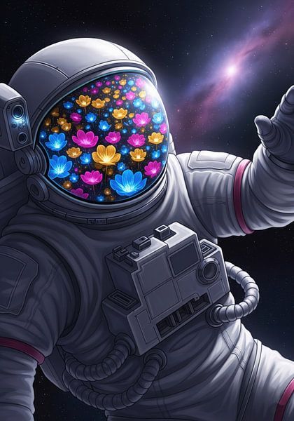 Astronaute avec des fleurs reflétées dans la visière dans l'espace par Markus Gann