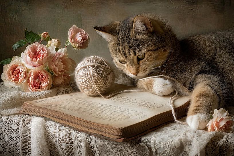 Romantisches Stillleben mit Katze, Büchern und Blumen von Joriali Fotografie und Gemälde