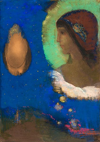 Sita (1893) d&#039;Odilon Redon. Dessin au pastel bleu, vert, or. par Dina Dankers