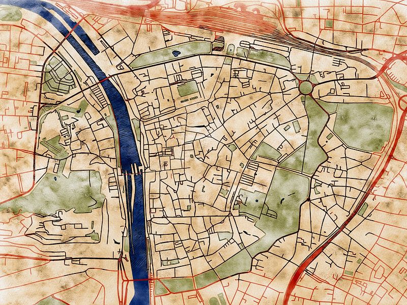 Map of Würzburg centrum with the style 'Serene Summer' by Maporia