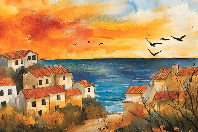 Sonnenuntergang über malerischen Häusern von Poster Art Shop