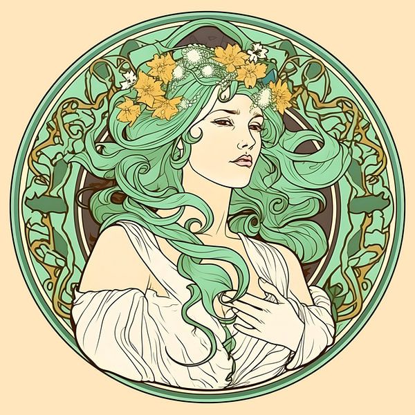 Woman with long green hair, Alphonse Mucha style by Jan Bechtum