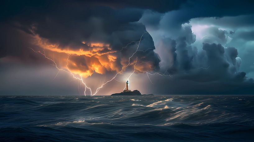 De vuurtoren overleeft de woede van een monsterlijke storm op zee van Mysterious Spectrum