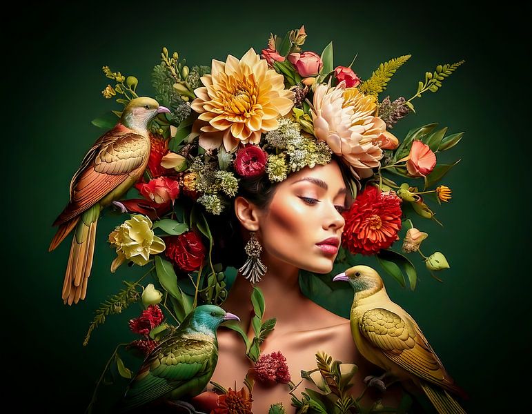 Portrait Frau mit Blumen und Vögeln von Inge Wiedijk