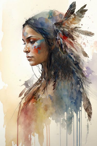 Indian woman watercolour boho style by Digitale Schilderijen