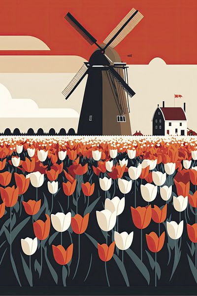 Champ de tulipes hollandais minimaliste avec un moulin à vent par Vlindertuin-Art