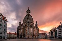 Church in the historic city center, Frauenkirche, sunrise, Dresden, Germany