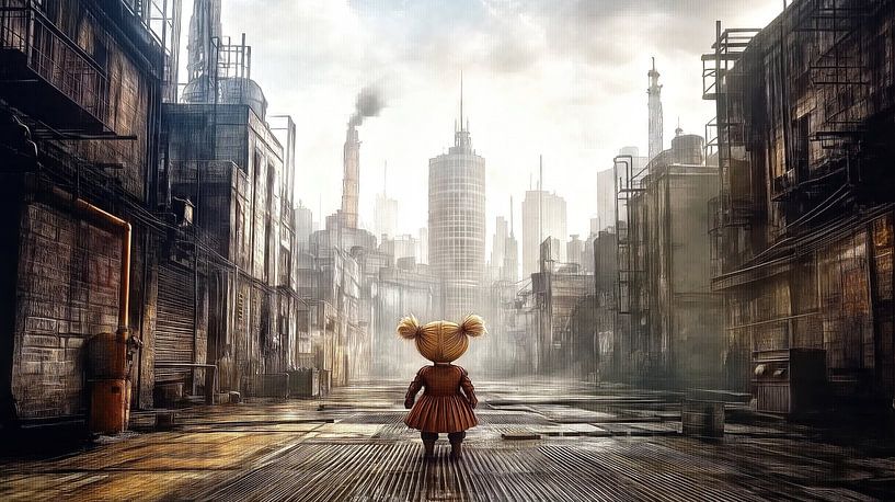 Riesige Puppe in dystopischer Stadt von Frank Heinz