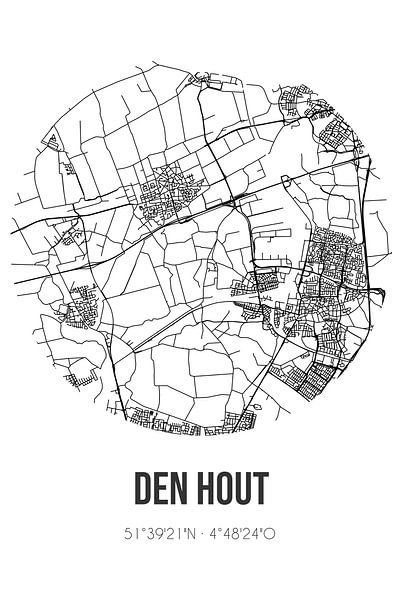 Den Hout (Brabant septentrional) | Carte | Noir et blanc par Affiches de lieux