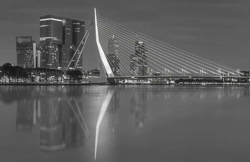 Skyline of Rotterdam with Erasmus Bridge in black and white. by Ilya Korzelius