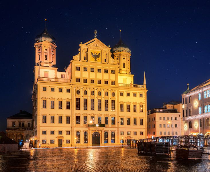 Illuminated Augsburg city hall at night by ManfredFotos