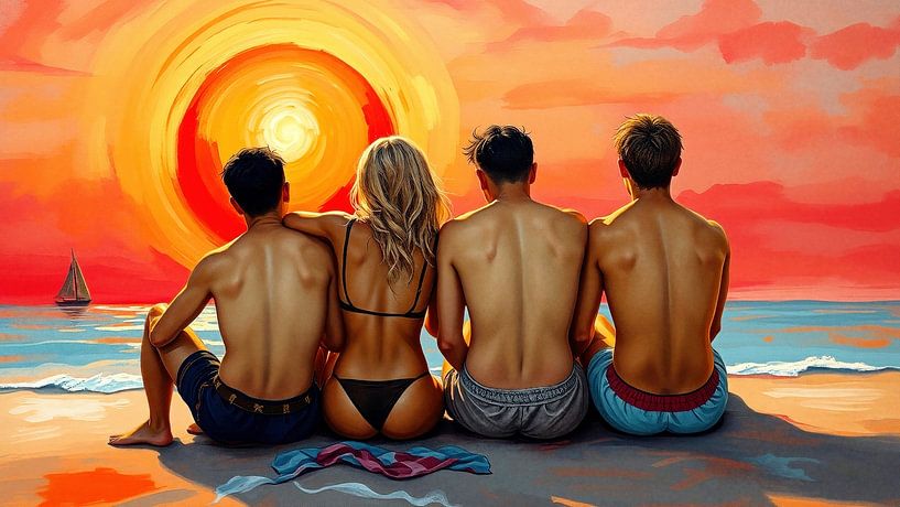 Dans la lumière du dernier soleil - Quatre jeunes sur une plage au coucher de soleil rouge par AidasignArt