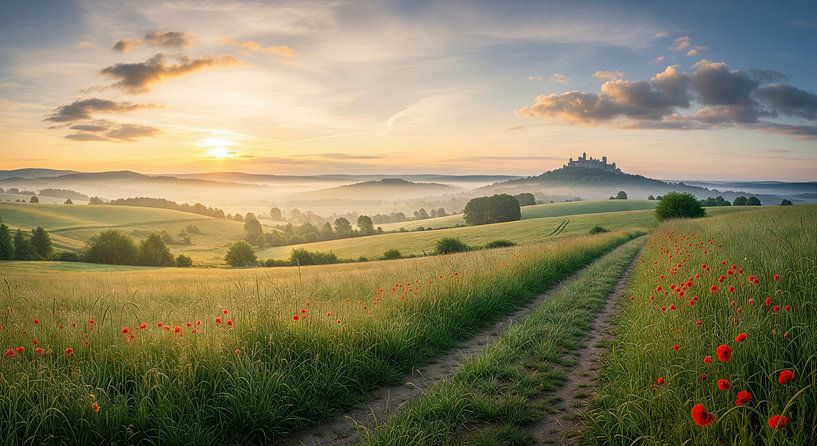 Paysage rural avec château, chemin et champ de coquelicots à l'aube par Markus Gann