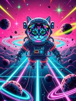 Neon Cosmic Cat Astronaut Floating Among Vibrant Galactic