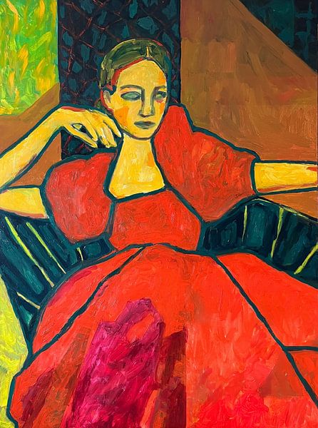 Robe rouge dans un fauteuil vert par Helia Tayebi Art