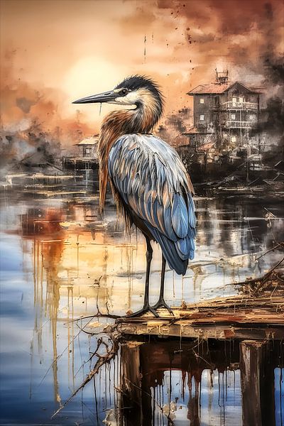 Héron bleu virtuel sur la jetée, regardant l'eau. par Harry Stok