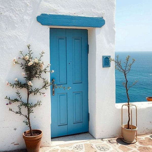 A blue door with the sea in the background in greece. by J.a Dijkstra