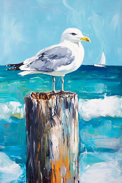 Mouette sur un poteau au bord de la mer par Poster Art Shop
