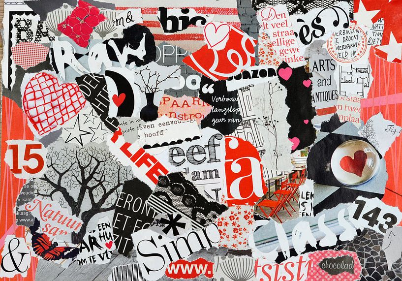Modern collage of waste paper in red and white black by Trinet Uzun