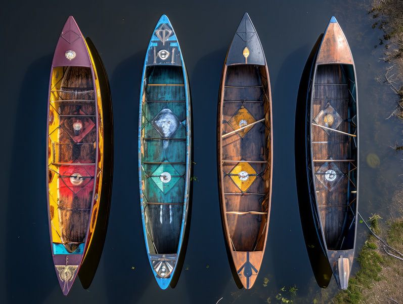 Canoe&#039;s in different colours, American native by Bert Meijer