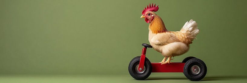 Das Huhn auf einem roten Kinderfahrrad mit grünem Hintergrund Panorama von Digitale Schilderijen